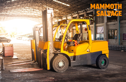 Photo of a yellow forklift with a graphical overlay of text saying MAMMOTH SALVAGE