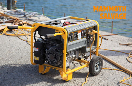 Photo of a yellow generator with a graphical overlay of text saying MAMMOTH SALVAGE
