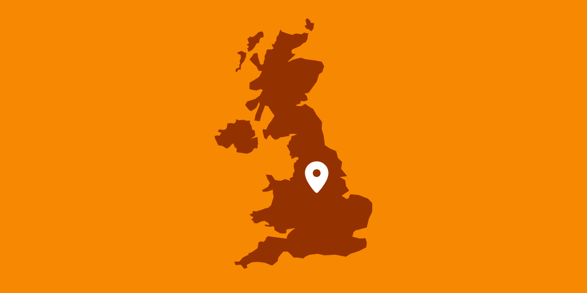 Graphic of a brown UK map and a white map marker over Derby with an orange background