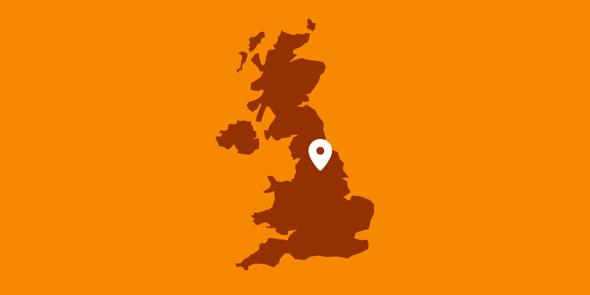 Graphic of a brown UK map and a white map marker over Leeds with an orange background