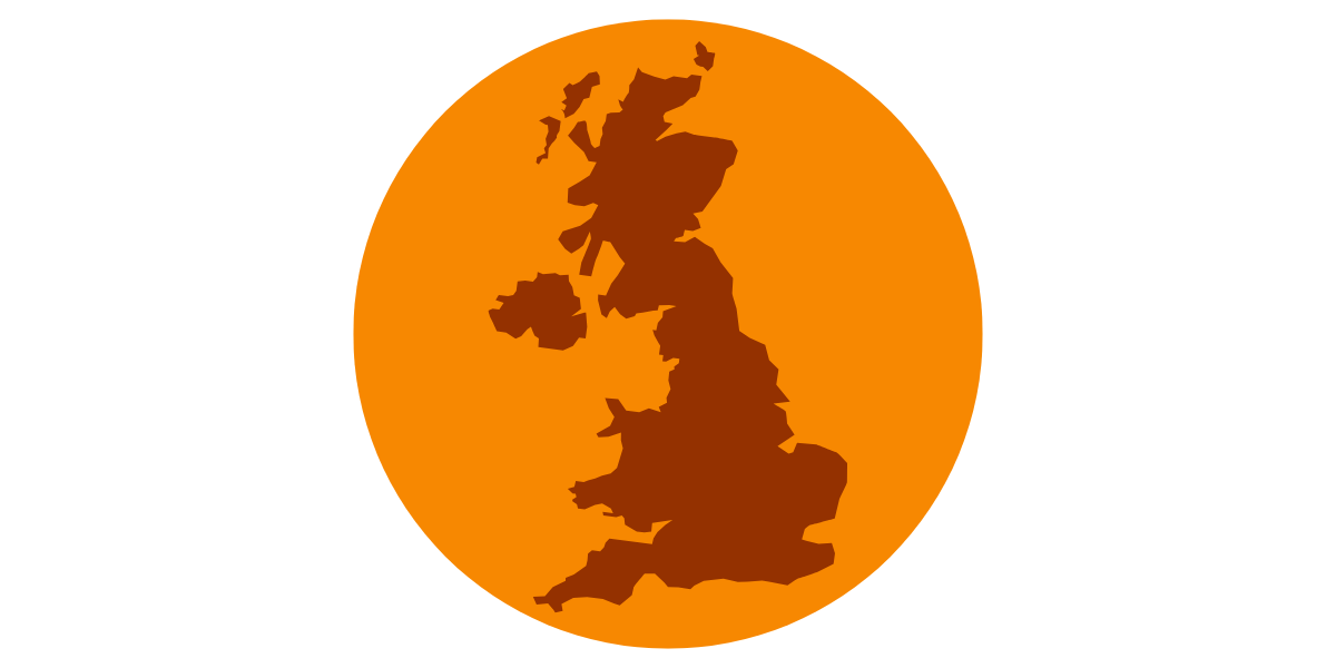 Graphic of an orange circle with a brown UK map