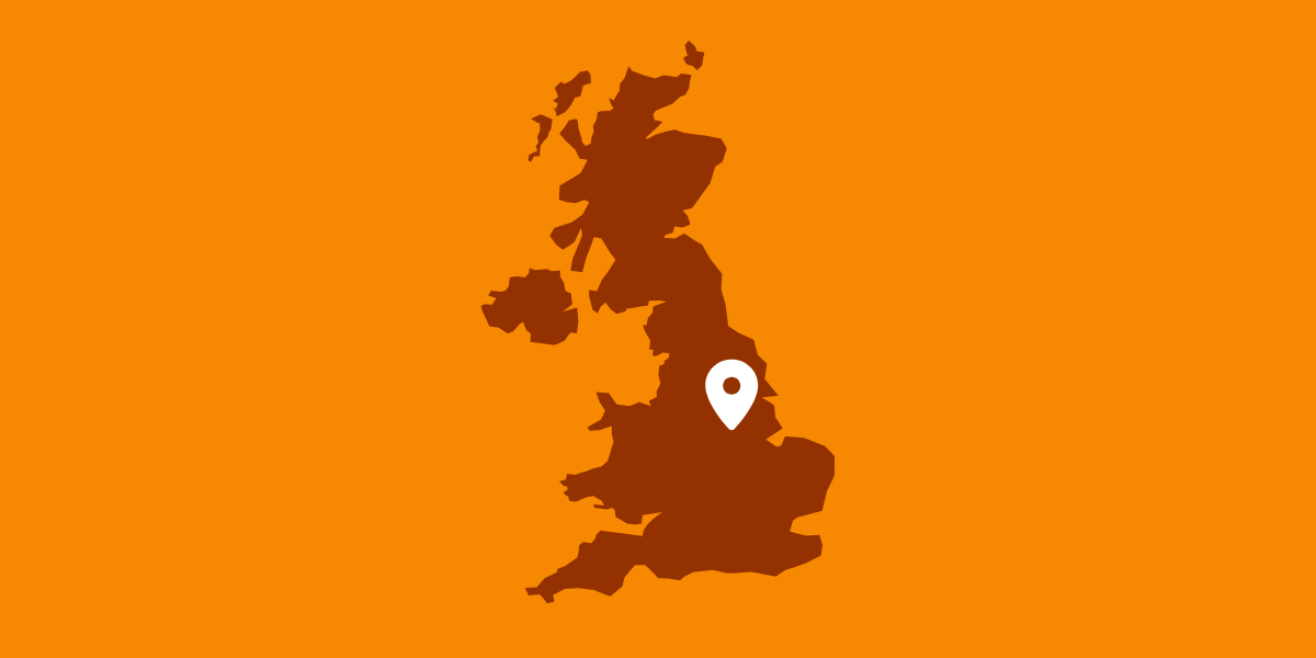 Graphic of a brown UK map and a white map marker over Nottingham with an orange background